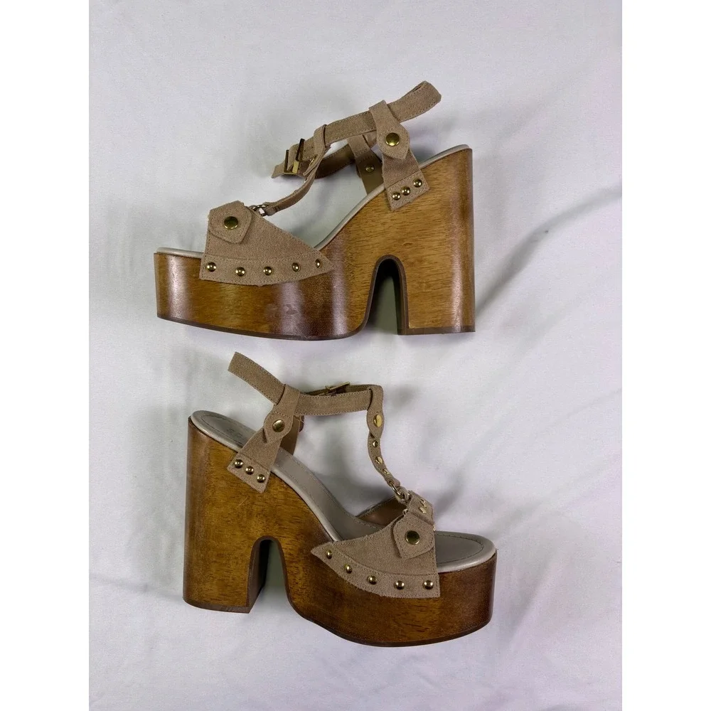 NWOB Schutz Stevie Cutout Platform Wedge Sandals Women 10B Suede Studded Wood